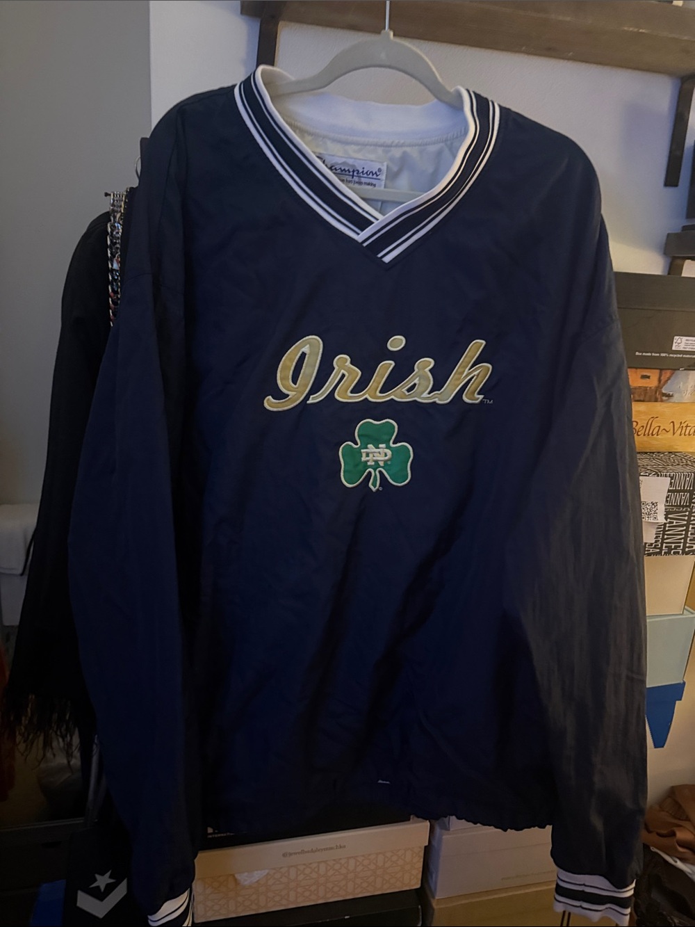 Champion Navy V-Neck Pullover with Gold 'Irish' Script and Green Shamrock
